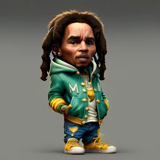This is a 3D rendering of a cartoon character. The character is a young man with long dreadlocks, wearing a green jacket, blue jeans, and yellow sneakers. He has a gold chain around his neck and a gold watch on his left wrist. He is standing with his hands in his pockets, looking to the left with a slight smile on his face. The background is a solid grey.