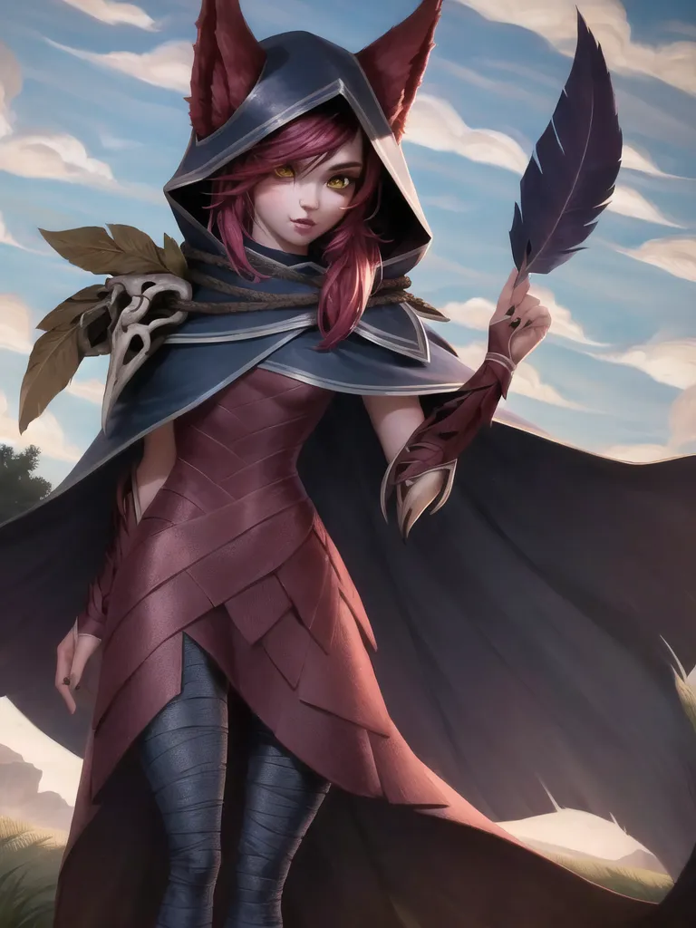 This image shows a young woman with long red hair and fox ears. She is wearing a red and gray outfit and a blue cloak with a hood. She is also carrying a staff with a skull on the end. The woman is standing in a forest, and there are mountains in the background. The image is most likely concept art for a video game.