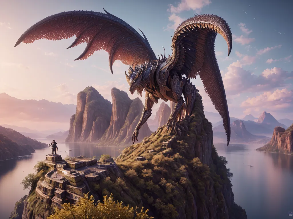 The image is a digital painting of a dragon standing on a cliff. The dragon is large and powerful, with a long, serpentine body and a pair of massive wings. Its scales are a deep blue color, and its eyes are a bright, piercing yellow. The cliff is located in a mountainous region, and there is a large body of water in the background. The sky is a gradient of orange and yellow, and there are clouds dotting the sky.