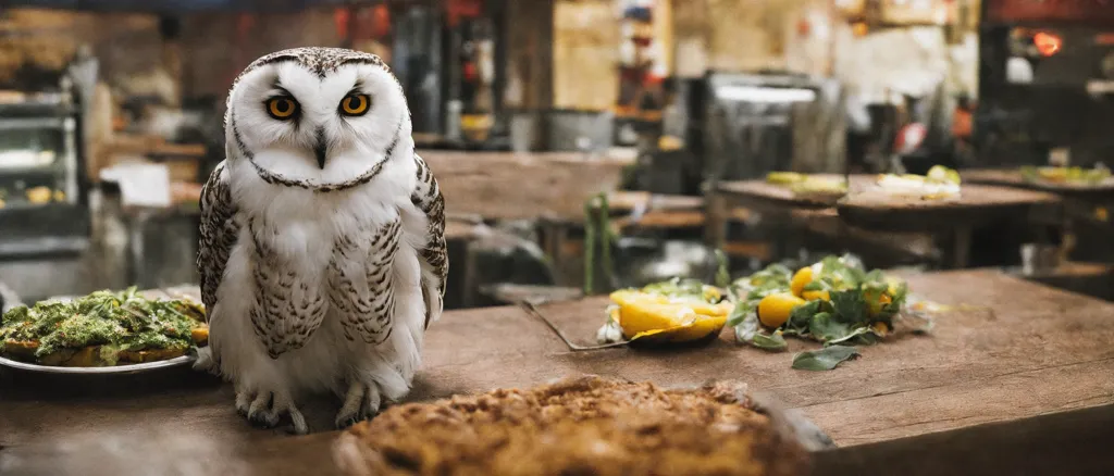 The image shows an owl sitting on a wooden table in a kitchen. The owl is white with black and gray markings on its feathers. It has large, yellow eyes and a sharp beak. The owl is looking at the camera with a curious expression. On the table are lemons, greens, and other food scraps. The background of the image is blurry.