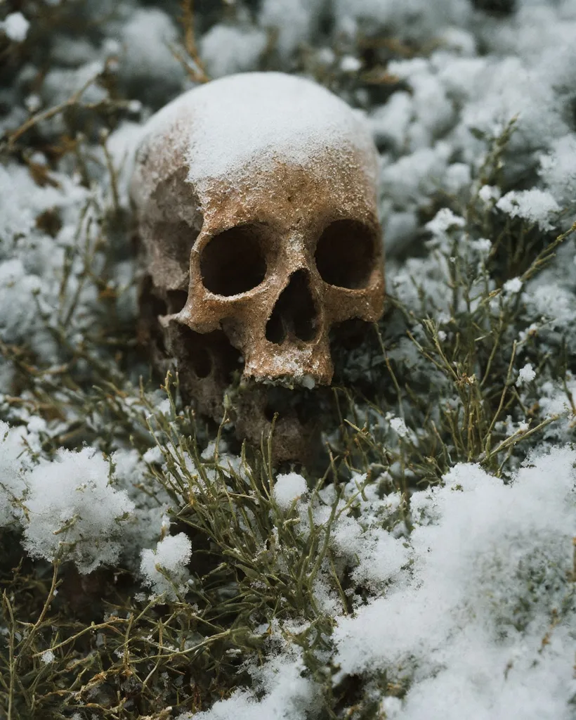 The image is a close-up of a human skull resting on a bed of snow-covered twigs. The skull is oriented with the eye sockets facing the viewer. The skull is old and weathered, and the surface is covered in cracks and pitting. The teeth are missing, and the nasal cavity is empty. The snow is pristine and untouched, and it covers the twigs completely. The only other object in the image is a small, dark-colored pebble that is visible in the lower left corner of the frame.