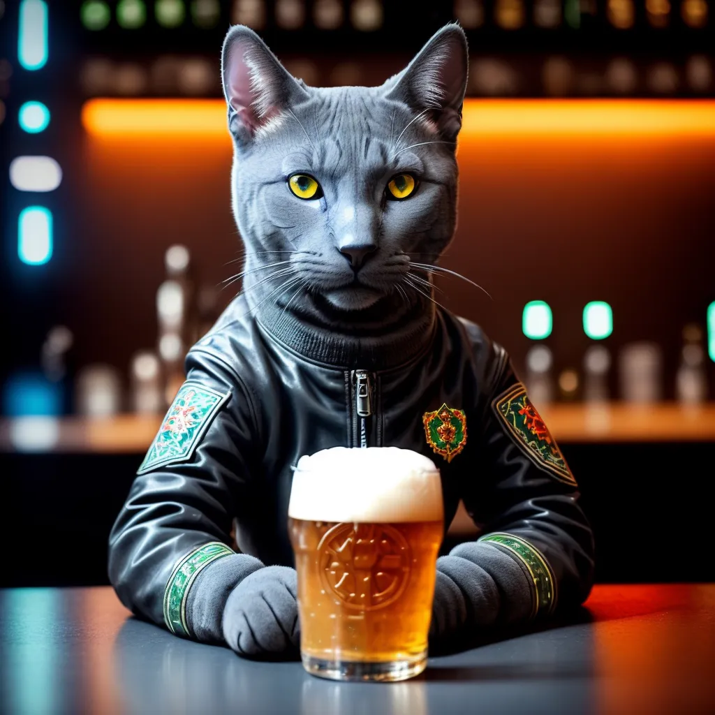 The image shows a gray cat wearing a black leather jacket with green and yellow patches. The cat is sitting at a bar counter and has a glass of beer in front of it. The cat is looking at the camera with a serious expression. The background is blurred and shows a bar with shelves of bottles and glasses.