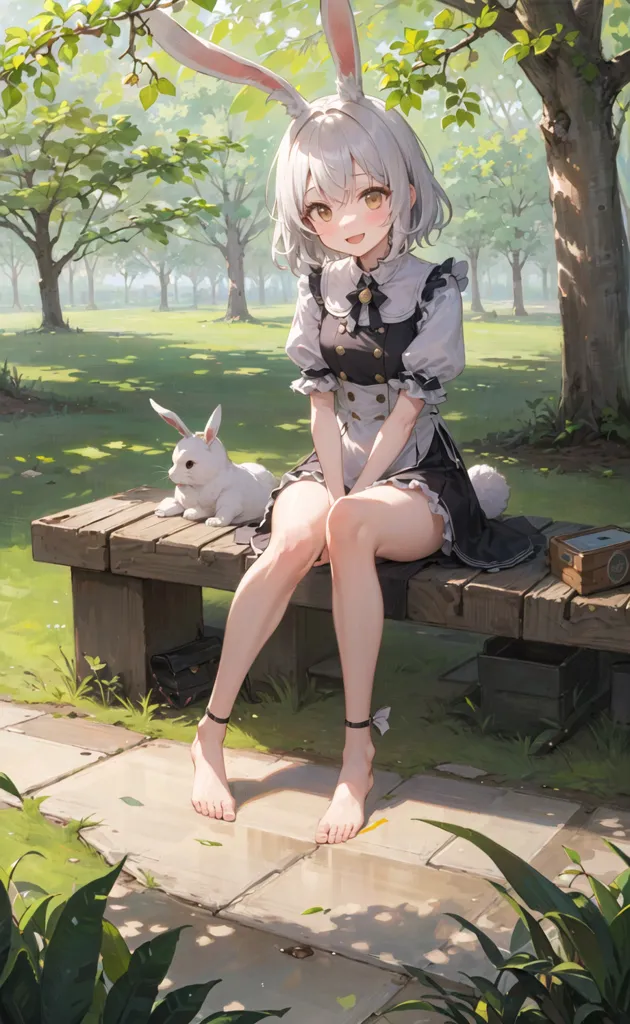 The image is a depiction of a young woman with rabbit ears sitting on a park bench. She is wearing a black and white maid outfit with a short skirt and a long apron. Her long white hair is down and she has a small smile on her face. She is sitting with her legs crossed and her feet bare. There is a small white rabbit sitting on the bench next to her. The background is a park with trees and grass. The image is drawn in a realistic style and the colors are soft and muted.