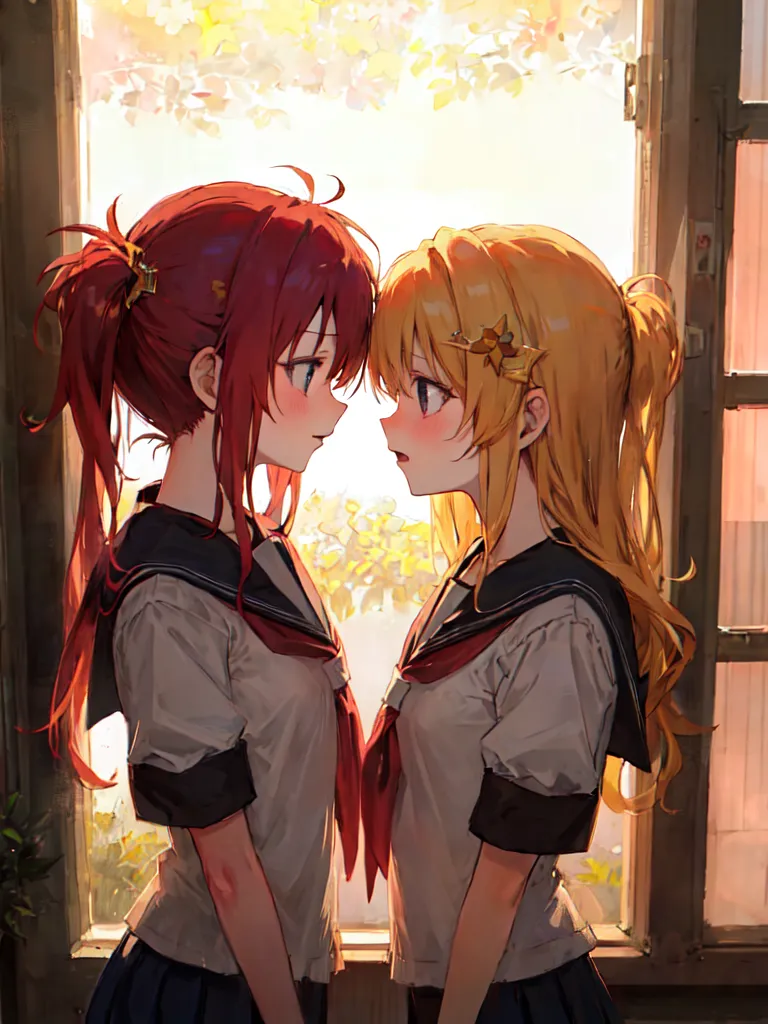 The image depicts two young girls in a school uniform standing close to each other, looking at each other with a gentle expression on their faces. They are standing in front of a window. The girl on the left has red hair tied in a ponytail, while the girl on the right has yellow hair also tied in a ponytail. They are both wearing white shirts with a dark blue sailor-style collar and dark blue skirts. The image has a soft, romantic feel to it.