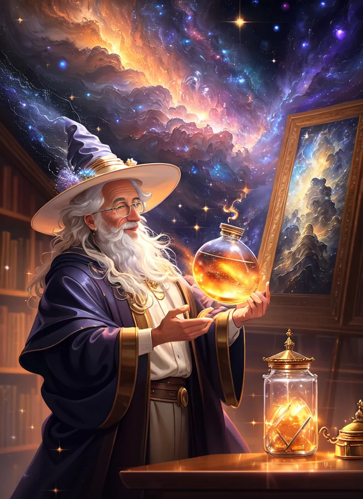 The image is of a wizard standing in a library. He is wearing a long purple robe with a white shirt and brown boots. He has a long white beard and a pointed hat. He is holding a glowing yellow potion in his hands. There are bookshelves all around him and a large window behind him. The window is showing a starry night sky with a bright shining moon.