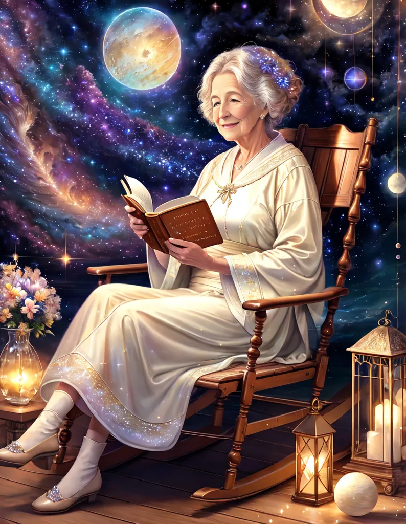 An elderly woman with white hair is sitting in a rocking chair in space. She is wearing a long white dress and has a book in her hands. She is smiling and looks relaxed. There are stars and planets all around her.