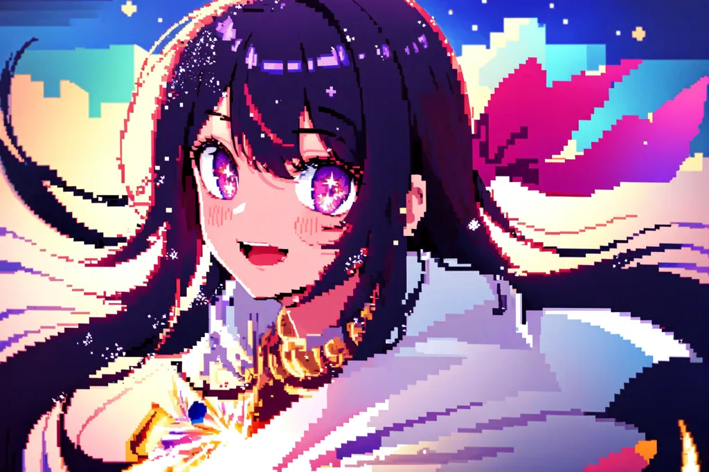 This is a pixelated image of a young woman, who has purple hair and pink eyes. She is smiling and has a gentle expression on her face. She is wearing a white dress with a gold necklace and has a gold object in her hand. The background is a blur of color.