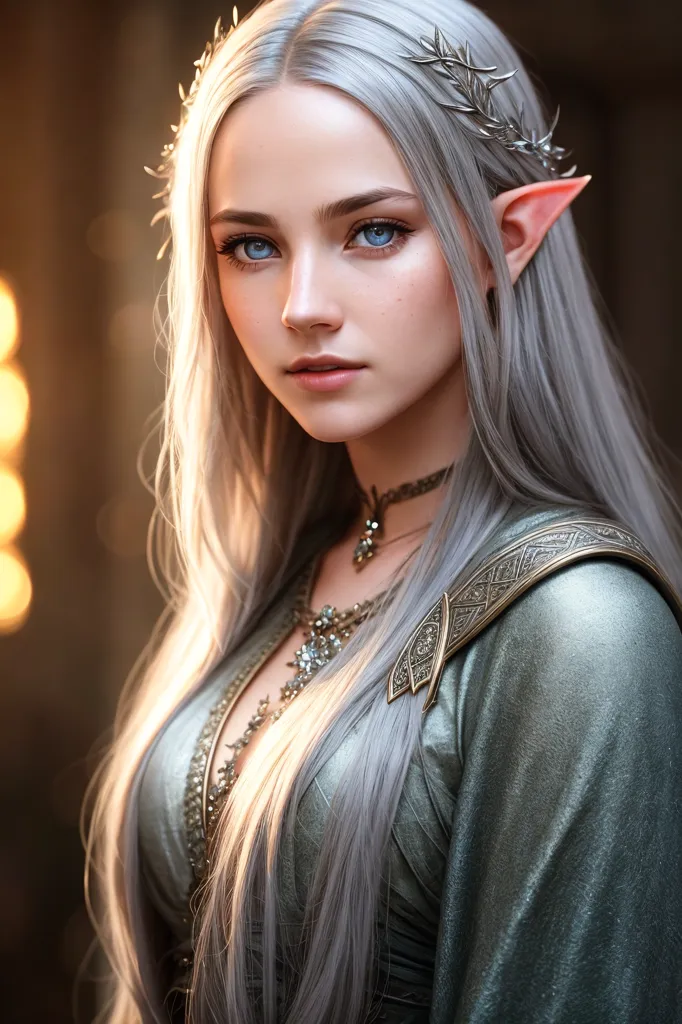 The image is a portrait of a beautiful young woman with long silver hair, blue eyes, and pointed ears. She is wearing a green dress with a low neckline and a silver necklace. Her hair is styled with a circlet of silver leaves. The background is a blurry image of a forest.