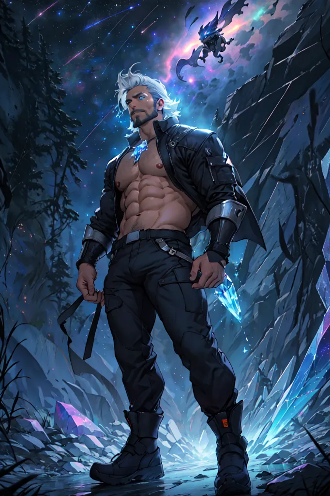 This is an image of a man with white hair and blue eyes. He is muscular and has a beard. He is wearing a black leather jacket and pants. He has a crystal in his hand. He is standing in a dark forest. There is a dragon flying in the sky.