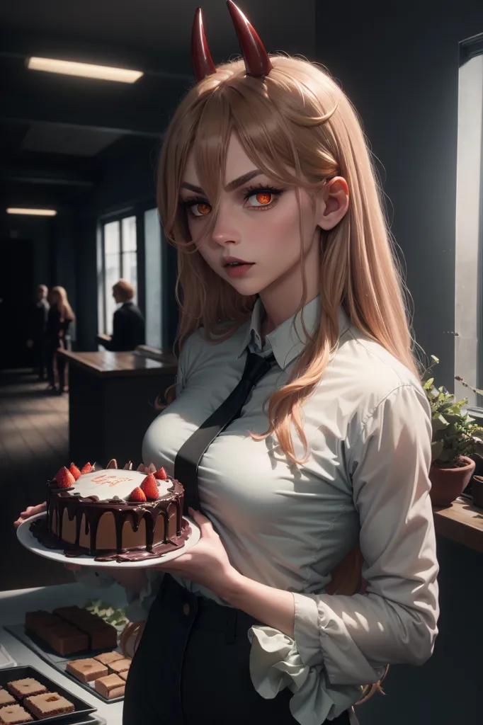 The image is a digital painting of a young woman with long blonde hair, red horns, and orange eyes. She is wearing a white dress shirt and black tie. She is holding a plate with a chocolate cake on it. There are two people in the background, a man and a woman, both wearing suits.