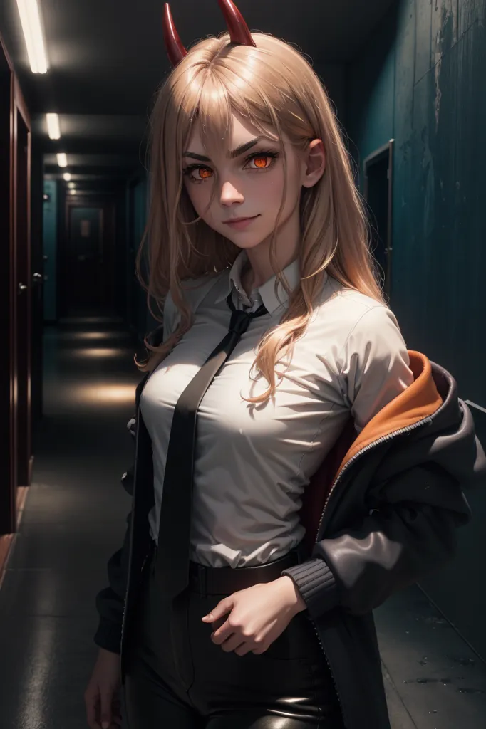 This is an image of a young woman with blonde hair and red horns. She is wearing a white shirt, black tie, and black pants. She is also wearing a black jacket with orange lining. She is standing in a dark hallway with doors on either side. The light from the overhead lights is reflecting off the floor.