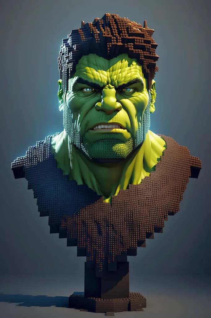 La imagen es un renderizado 3D del Hulk, un personaje ficticio de los cómics de Marvel. El Hulk es un ser humanoide grande, musculoso y de piel verde con una cabeza grande y una frente prominente. Lleva una camisa rasgada y tiene una expresión feroz en su rostro. La imagen se enmarca en un fondo oscuro y el Hulk está iluminado por una luz brillante.