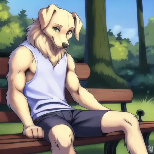 The image is of a muscular, anthropomorphic golden retriever sitting on a park bench. He is wearing a white tank top and blue gym shorts. He has his left hand resting on his leg and his right hand is holding the leash of a small, white dog. The golden retriever has a thoughtful expression on his face and seems to be enjoying the peace and quiet of the park. In the background, there are trees and a blue sky.