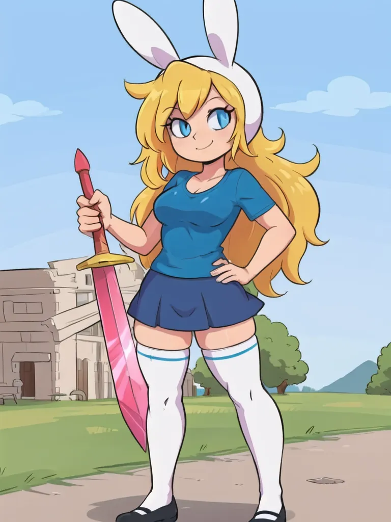 The image is of a young woman with long blonde hair and blue eyes. She is wearing a blue shirt, a gray skirt, and white socks. She is also wearing a pair of bunny ears. She is standing in a field, and there is a large ruin in the background. She is holding a pink sword.