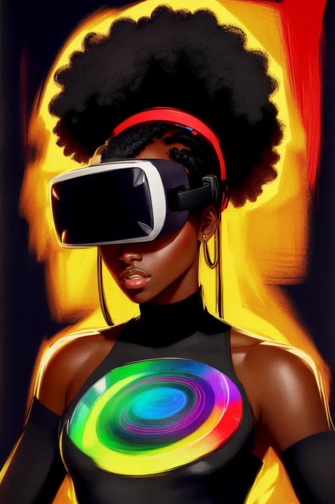 Esta é uma pintura digital de uma jovem mulher usando um fone de realidade virtual. Ela tem pele morena escura e cabelos pretos encaracolados. Ela está usando uma regata preta e um colar colorido. O fundo é um amarelo brilhante. A pintura está em um estilo realista e a expressão da mulher é séria.