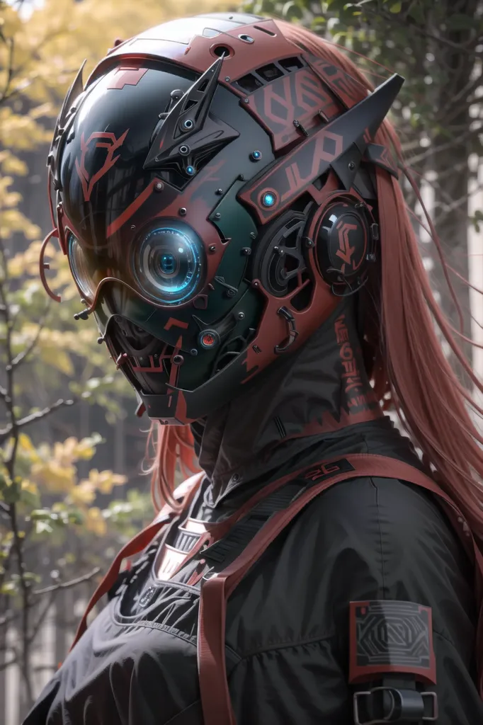 The image shows a person wearing a futuristic helmet. The helmet has a black and red color scheme, and it is made of metal. The helmet has a visor that covers the person's eyes, and there are a number of small lights and other details on the helmet. The person is wearing a black and red suit, and they have long red hair. The background of the image is a blur of trees.