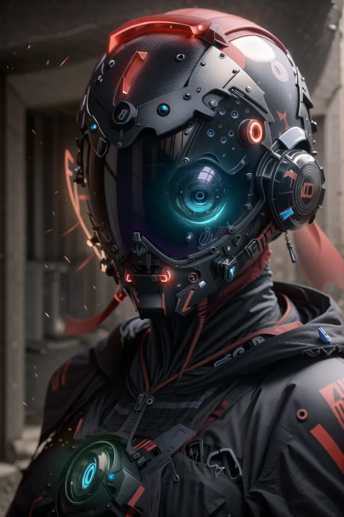 The image shows a person wearing a futuristic helmet. The helmet is black with red and blue details. It has a visor that covers the person's eyes and a breathing apparatus on the right side. The person is wearing a black suit with red and blue details. The suit has a high collar and a zipper down the front. The person is also wearing a backpack and a utility belt. They are standing in a dark room with a large door behind them. The door is made of metal and has a red light on it.