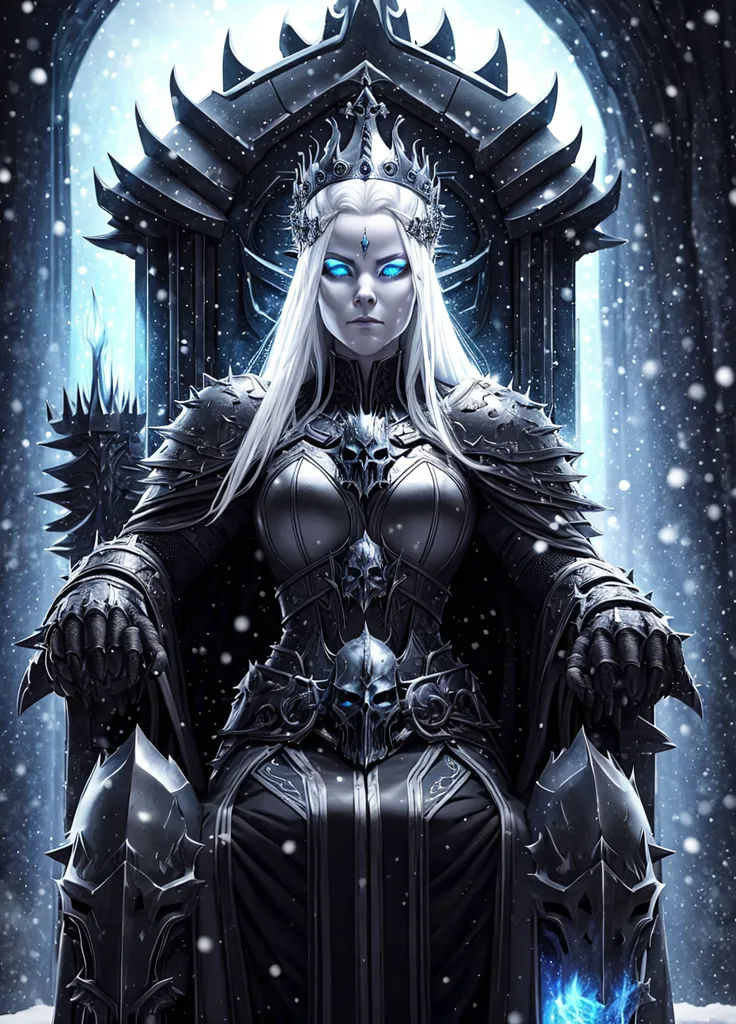 The image shows a pale woman with long white hair sitting on a throne. She is wearing a dark blue dress with a white fur trim and a crown on her head. The woman's eyes are glowing blue, and she has a cold expression on her face. She is sitting on a throne made of ice and snow, and there is a blizzard raging around her.