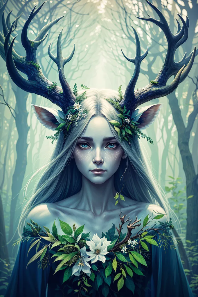 L'image est un portrait d'une belle femme aux longs cheveux blancs ondulants. Elle a la peau pâle et les yeux bleus, et ses oreilles sont pointues. Elle porte un couvre-chef fait de bois de cerf et de fleurs, et son corps est orné de feuilles et de vignes. Elle se tient debout dans une forêt, et la lumière du soleil filtre à travers les arbres.