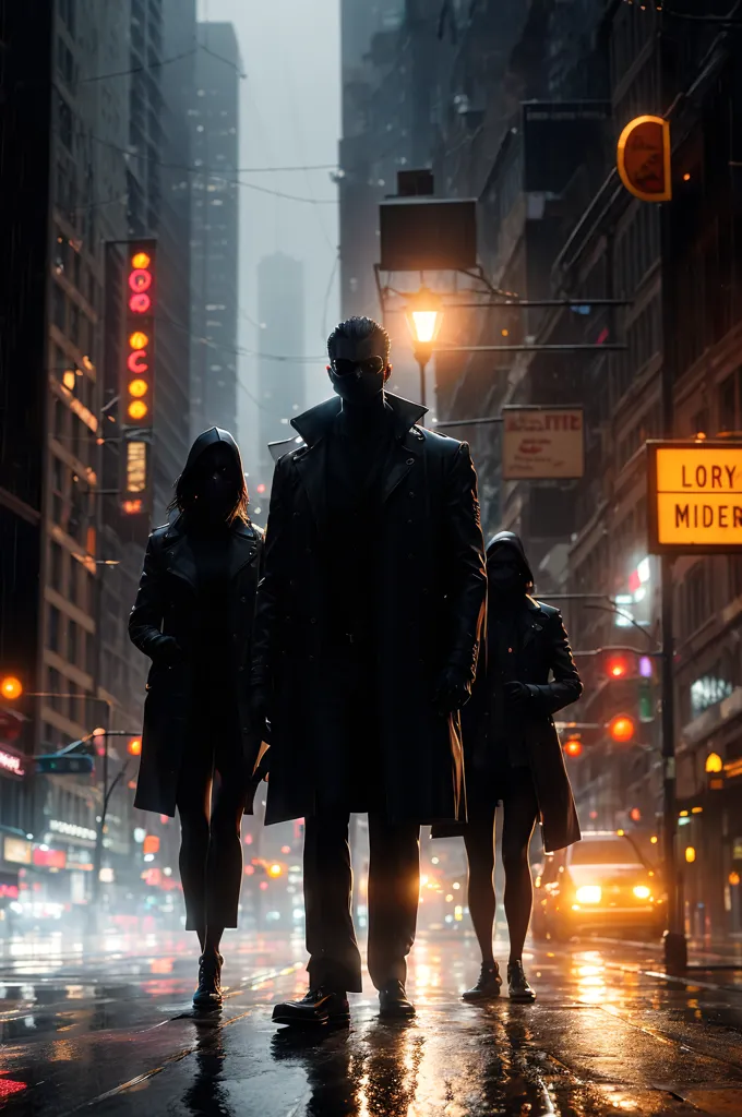 The image is set in a dark and rainy city street. The three people in the image are all wearing black trench coats and masks. They are walking in a line, with the person in the middle slightly in front of the other two. The person in the middle is taller than the other two and has a more muscular build. The person on the left is slightly shorter than the other two and has a more feminine build. The person on the right is the shortest of the three and has a more androgynous build.

The street is lit by a few streetlights and the headlights of a passing car. The rain is reflecting the light from the streetlights and the headlights, creating a shimmering effect on the ground. The people in the image are all wearing sunglasses, which are reflecting the light from the streetlights and the headlights.

The image is full of mystery and intrigue. It is unclear who the people in the image are, what they are doing, or where they are going. The dark and rainy setting adds to the sense of mystery.