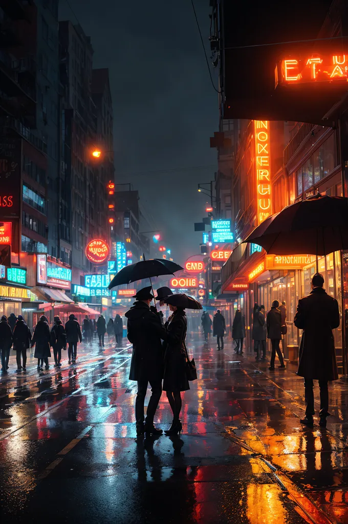 The image is a street scene at night in a city. It is raining and the street is wet. There are many people walking on the street with their umbrellas. There are also cars driving on the street. The buildings are tall and there are many neon signs. The image is very dark and moody.