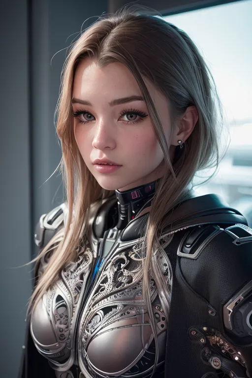 The image is a portrait of a beautiful young woman with long, flowing hair. She is wearing a futuristic suit of armor that is both stylish and functional. The armor is made of a light-colored metal and has intricate detailing. The woman's expression is one of determination and focus. She is clearly a warrior who is ready for battle. The background is a blur of light and dark colors, which suggests that she is in the midst of a fight.