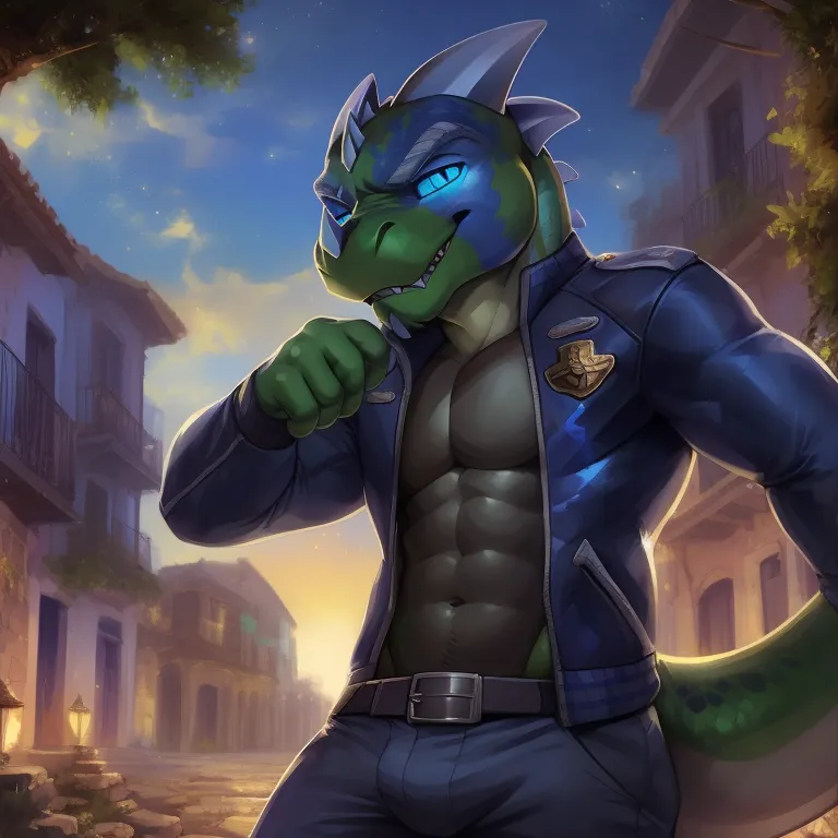 The image is of a muscular anthropomorphic dragon wearing a blue leather jacket and jeans. He has blue scales, green eyes, and a confident expression on his face. He is standing in a street with a building in the background.