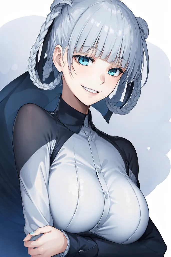 The image shows an anime-style girl with long silver hair and blue eyes. She is wearing a white and black button-down shirt and has a confident smile on her face. The image is drawn in a realistic style and the girl's skin is shaded to make her appear three-dimensional.