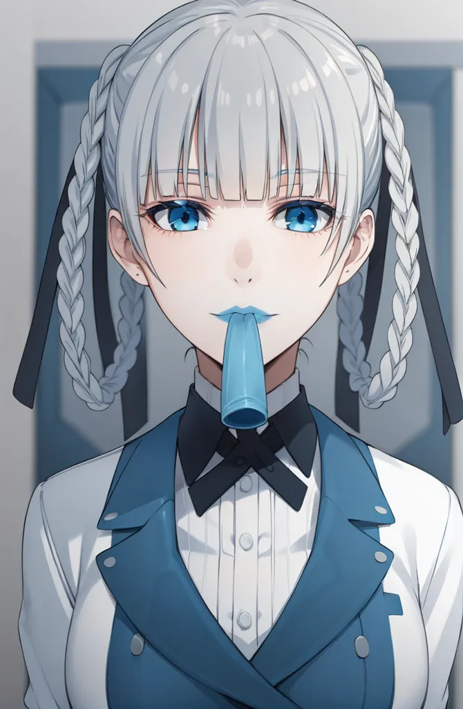 The image shows a young woman with white hair and blue eyes. She is wearing a white shirt, a blue jacket, and a black bow tie. She has two long braids and is holding a blue lollipop in her mouth. She is looking at the viewer with a serious expression. The background is a blurred light blue color.