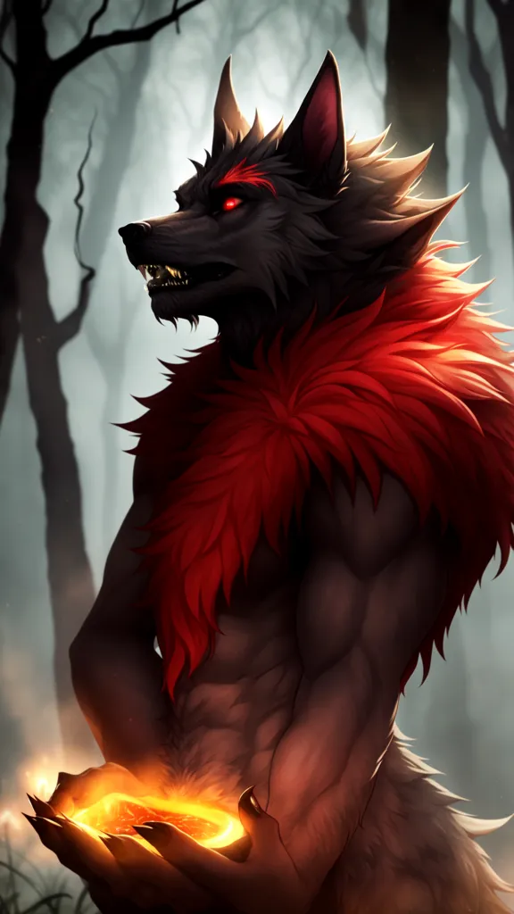 La imagen es una pintura digital de un hombre lobo musculoso con pelaje rojo y negro. Está de pie en un bosque oscuro, rodeado de altos árboles. El hombre lobo lleva un taparrabos rojo y negro, y tiene una melena roja y negra. Sus ojos brillan en rojo y tiene una expresión de gruñido en su rostro. Está sosteniendo una esfera amarilla brillante en sus manos. El fondo es un bosque oscuro, con altos árboles y una luna llena.