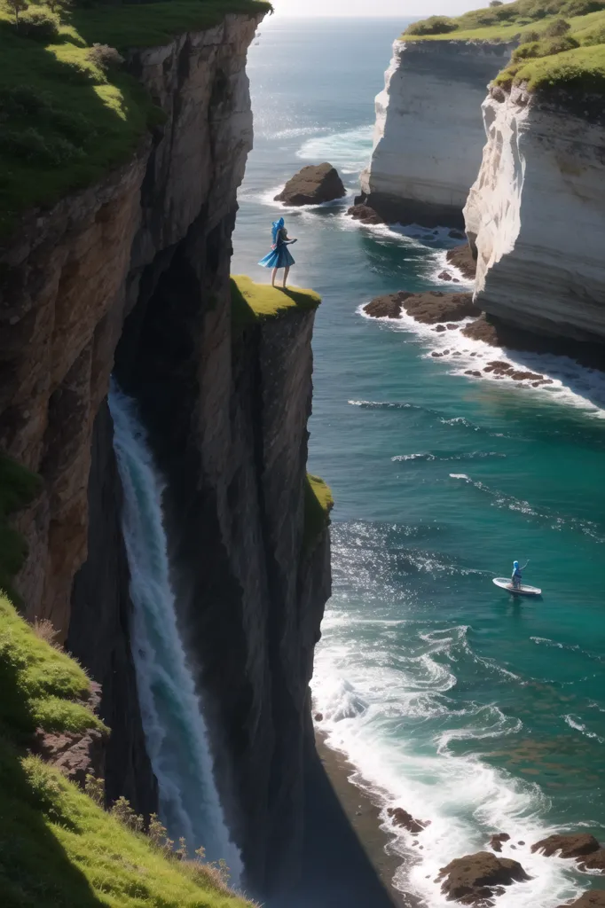 A imagem é de uma mulher em pé em um penhasco com vista para o oceano. A mulher está vestindo um vestido azul e tem cabelos azuis longos. Ela está olhando para baixo, para o oceano abaixo. O penhasco é muito alto e a água abaixo é muito profunda. O penhasco também é muito estreito e há uma cachoeira descendo do topo do penhasco. A cachoeira é muito poderosa e está fazendo muito barulho. O oceano está muito agitado e há algumas ondas grandes se chocando contra o penhasco. Há uma pessoa na água em uma prancha de surfe. A pessoa está tentando surfar as ondas. A imagem é muito dramática e está me deixando um pouco assustado.