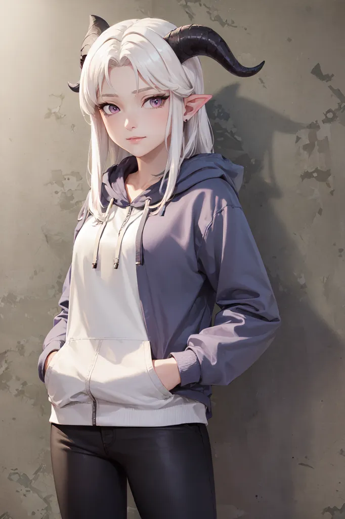 The image is a digital painting of a young woman with white hair and purple eyes. She is wearing a white and purple hoodie and black pants. She has devil horns on her head and is standing with her hands in her pockets. The background is a grey stone wall with cracks.