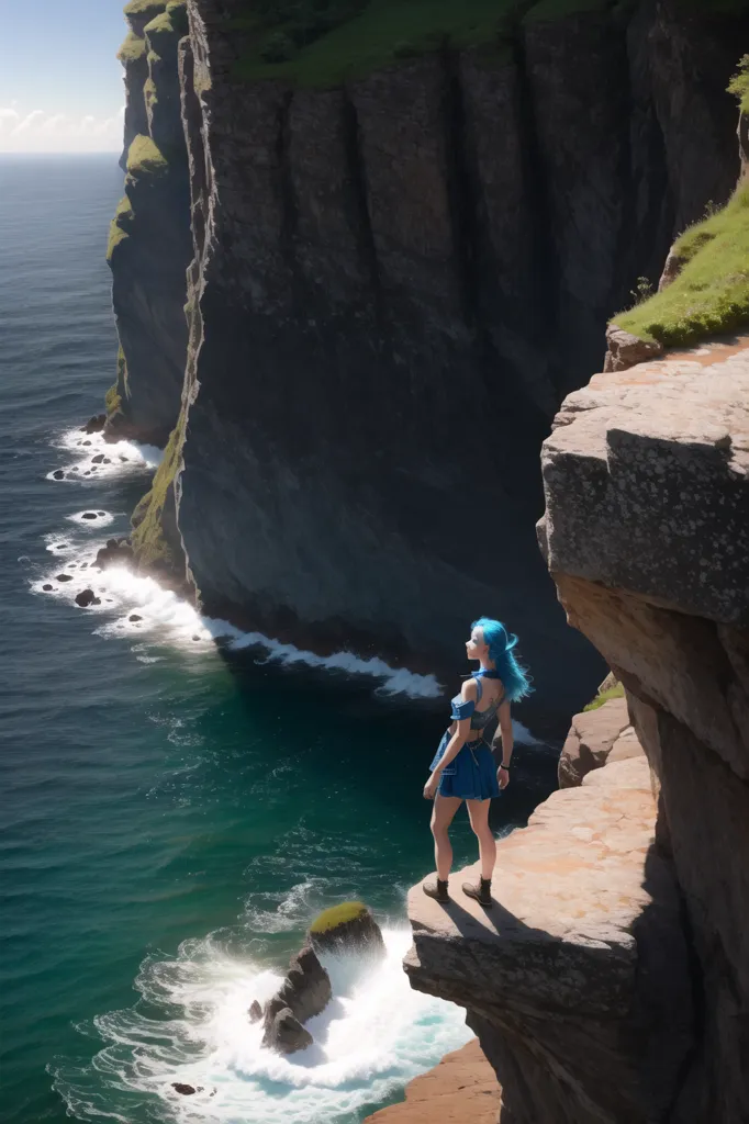 A imagem é de uma mulher em pé em um penhasco com vista para o oceano. A mulher está vestindo um vestido azul e tem cabelos azuis. Ela está olhando para o oceano. O penhasco é muito alto e a água abaixo é muito profunda. As ondas estão se chocando contra o penhasco. A imagem é muito bonita e captura o poder da natureza.