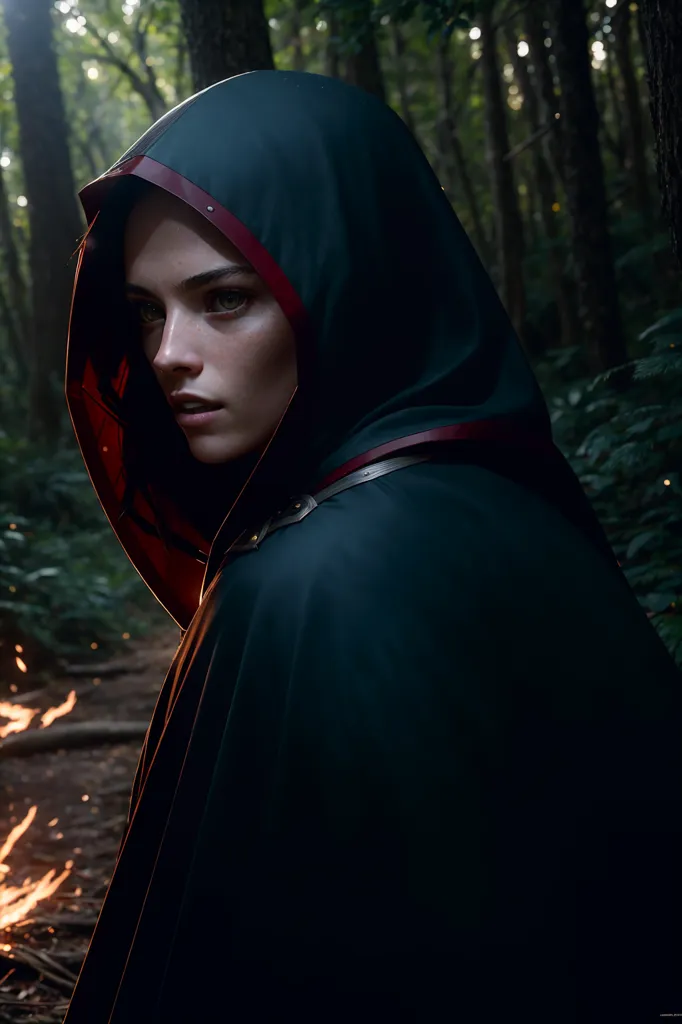 This image shows a woman wearing a green cloak with a red lining. The cloak is trimmed with gold-colored metal. The woman is standing in a forest, and there is a fire burning behind her. The woman's face is partially obscured by the hood of her cloak, but her eyes are visible. She is looking at the camera with a serious expression.