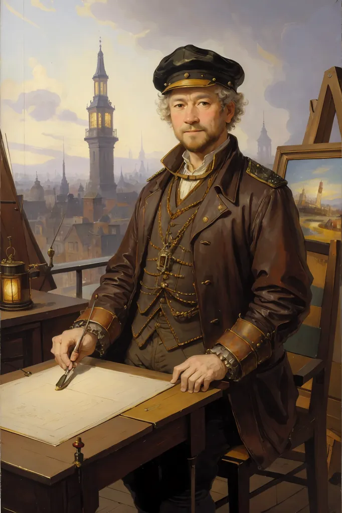 La imagen es un retrato de un hombre con una chaqueta de cuero marrón y un sombrero negro. Está de pie en una mesa de dibujo, dibujando un mapa. En el fondo, hay un paisaje urbano con una torre grande. El hombre lleva un collar de oro y tiene una pluma en la mano. Tiene una expresión seria en el rostro.