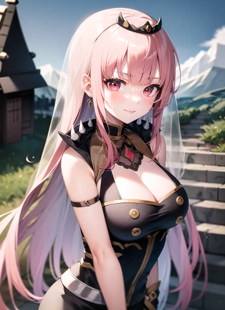 The image is of a beautiful anime girl with long pink hair and red eyes. She is wearing a black and pink dress with a white veil. She is standing in a grassy field with a large house in the background. There are mountains in the distance. The girl is smiling and looks happy.