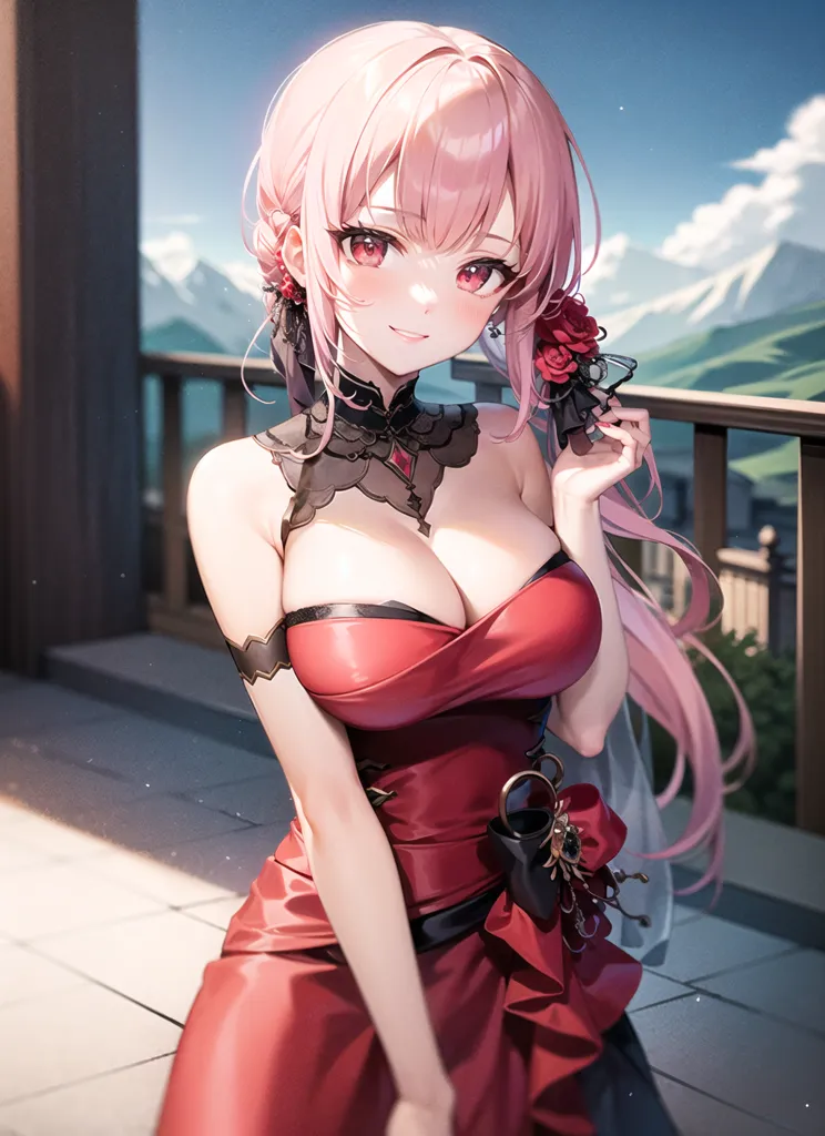 The image is an anime-style drawing of a young woman with pink hair and red eyes. She is wearing a red dress with a sweetheart neckline and a black choker with a red rose on it. She is standing on a balcony with a mountainous landscape in the background. The woman has a gentle smile on her face and is looking at the viewer.