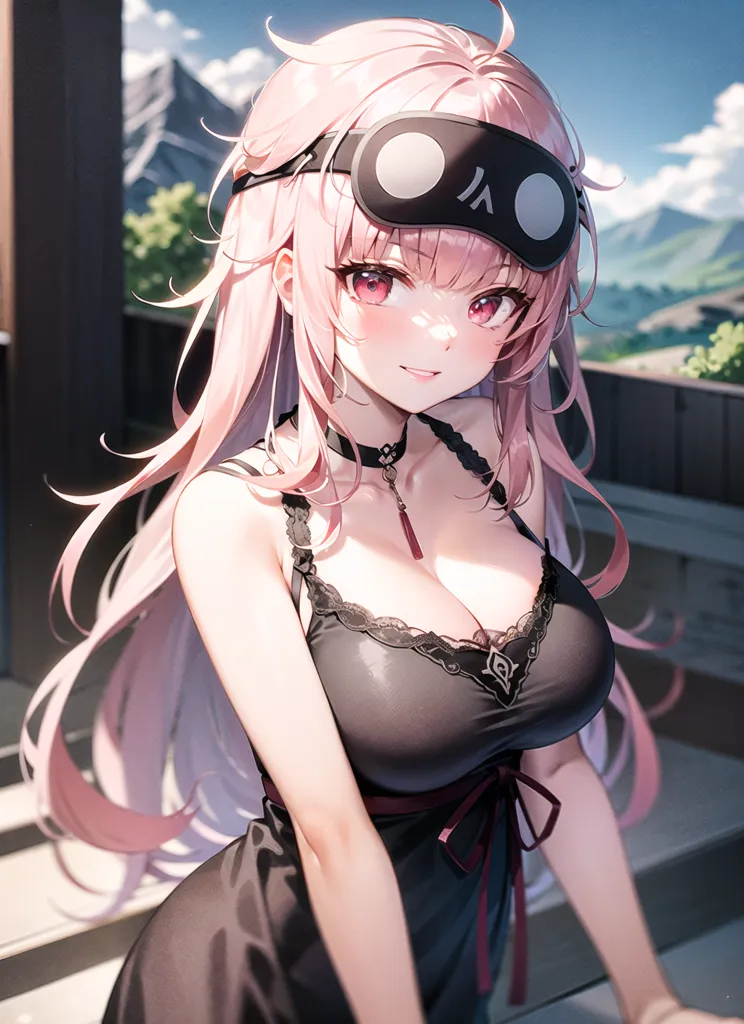 The image is of a beautiful anime girl with long pink hair and purple eyes. She is wearing a black dress with a white collar and a red ribbon. She is also wearing an eye mask. She is standing on a balcony and looking at the view. There are mountains in the background. The image is very detailed and the colors are vibrant.