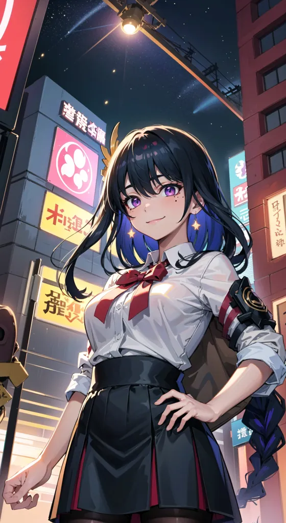 The image is a portrait of a young woman with long black hair and purple eyes. She is wearing a white shirt, black skirt, and red bow tie. She is standing in a street with a city in the background. The street is lit by streetlights and there are signs in Japanese on the buildings. The woman is smiling and has a confident expression on her face.