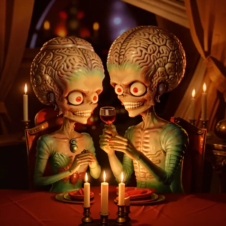 The image shows a pair of green aliens with large bulbous heads that look like brains. They are dressed in fancy clothes and are sitting at a table, drinking wine and eating. The table is set with candles and there is a cityscape in the background. The aliens are both smiling and appear to be enjoying their meal.