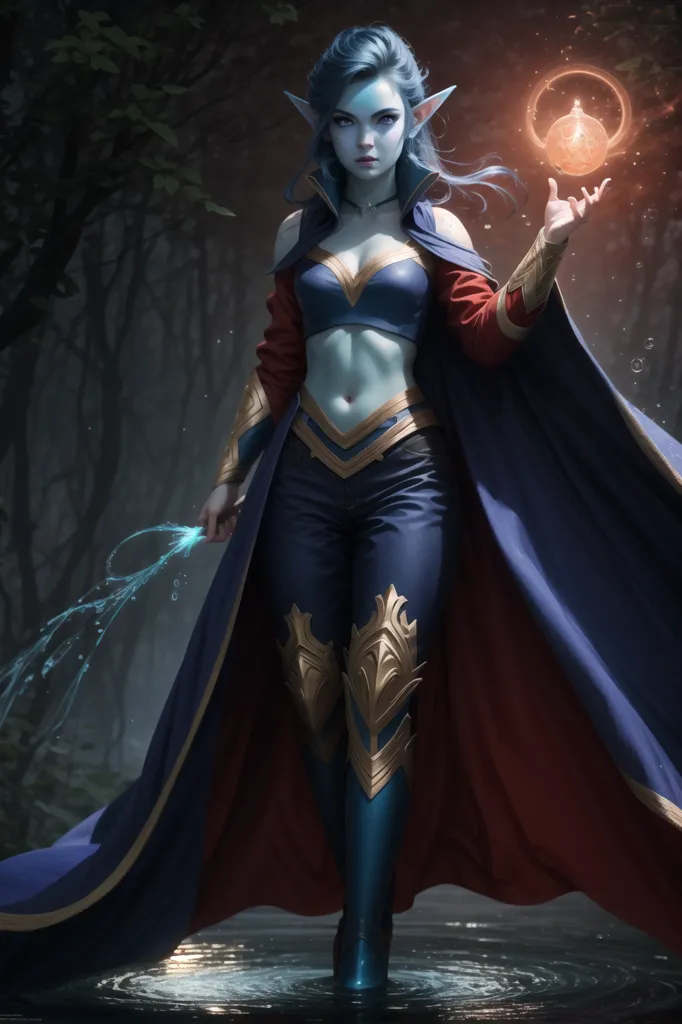 This is an image of a female elf. She has blue skin and long blue hair. She is wearing a blue and red outfit. She is also wearing a cape. She is standing in a forest and there is water on the ground. She is holding a ball of light in her hand.