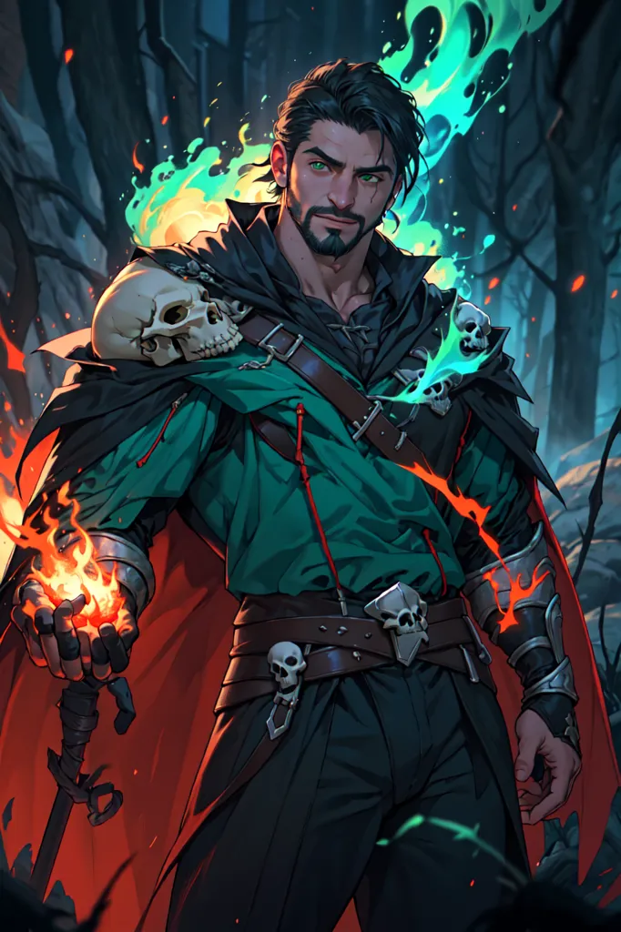 This is an image of a man with long black hair and a beard. He is wearing a green shirt and a black cape. He has a skull on his shoulder and is holding a skull in his hand. He is also holding a sword. There are flames coming out of his hands and skulls are floating around him. He is standing in a dark forest.