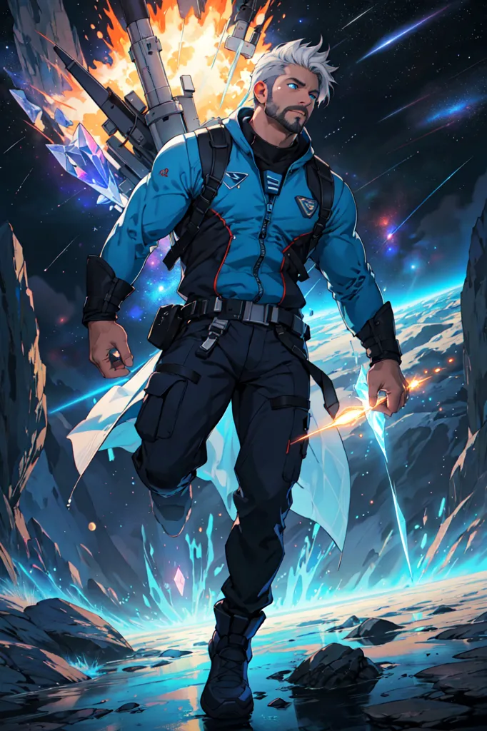 This is an image of a man in a futuristic outfit. He is wearing a blue and black jacket with a white shirt underneath. He also has a white cape. He is wearing black pants and black boots. He has a gun in his right hand. He is standing on a rocky planet with a blue sky and a bright moon in the background. There are also some blue crystals floating in the air around him.