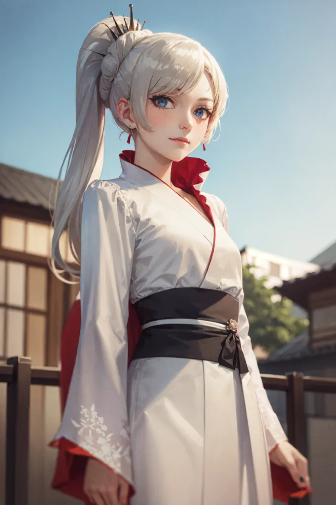 The image is a portrait of a young woman with long white hair and blue eyes. She is wearing a white kimono with a red sash and has a red ribbon in her hair. The background is a blurred image of a traditional Japanese house.