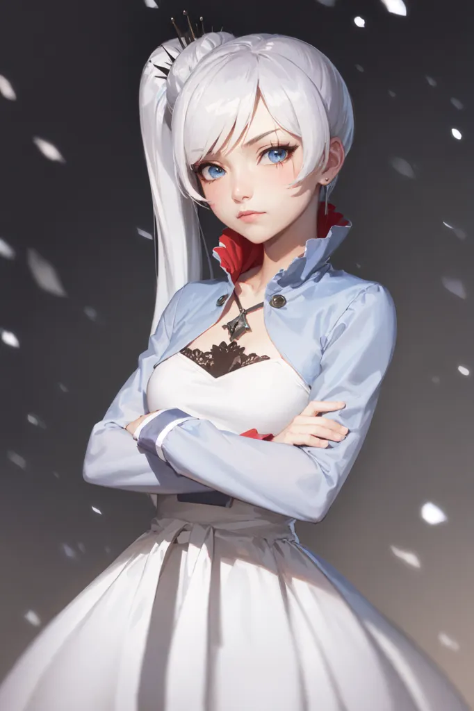 The image is a digital painting of a young woman with long white hair and blue eyes. She is wearing a white dress with a blue jacket and a red scarf. She has a determined expression on her face and is standing with her arms crossed. The background is a dark grey with white snowflakes falling.