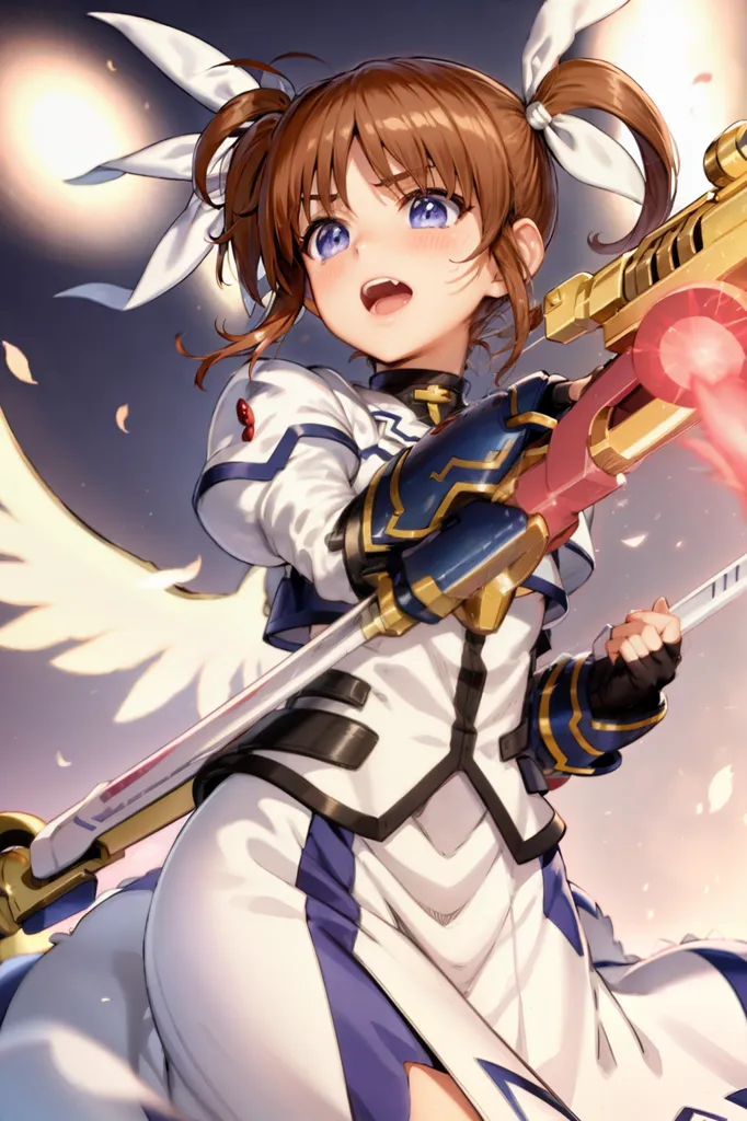 The image is of a young girl with brown hair and blue eyes. She is wearing a white and blue military-style outfit with a red and gold weapon. She has a surprised expression on her face and is holding the weapon in her right hand. She has angel wings made of white feathers. The background is a light blue color with some white and yellow lights in the background.