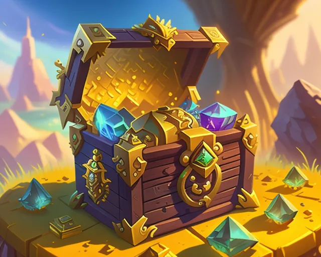 The image is a cartoon illustration of a treasure chest. The chest is made of wood and has a golden handle and lock. The chest is open and there are several gems and coins spilling out of it. The gems are of various colors, including green, blue, and purple. The coins are gold and silver. The chest is sitting on a rock in a desert setting. There are mountains in the background and a blue sky with white clouds.