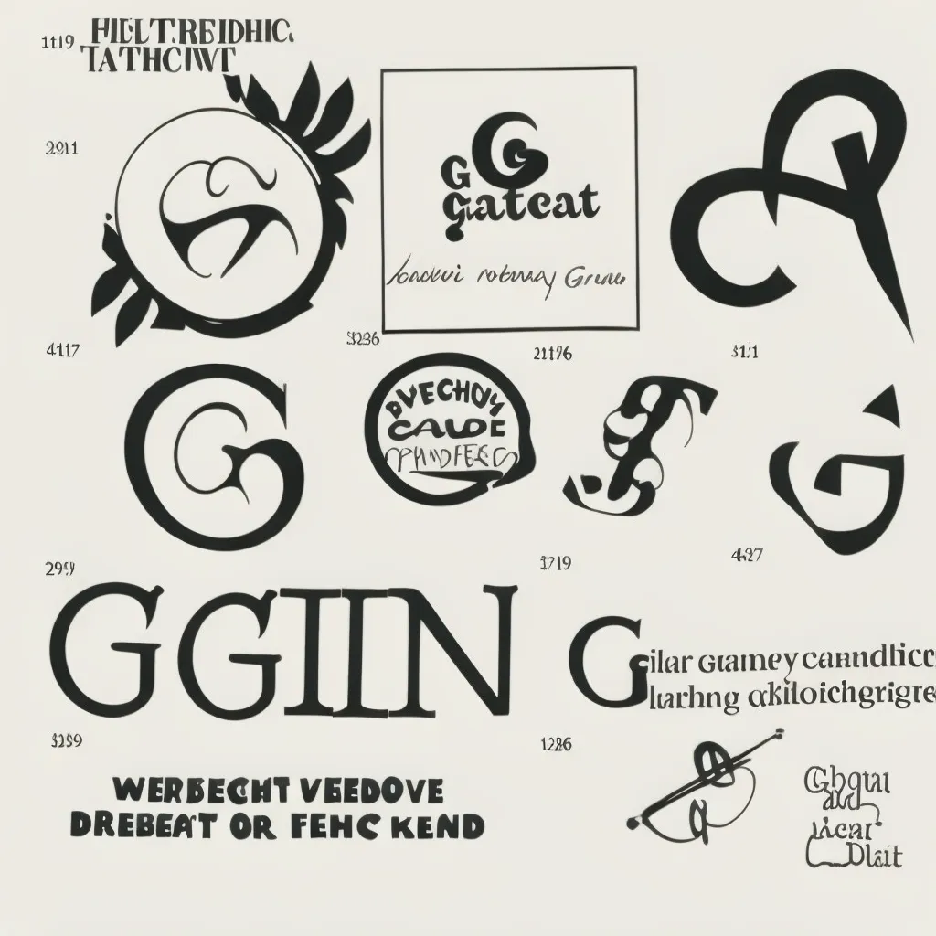 この画像は、「G」と「P」の文字や「Ggin」という単語を含む、さまざまな文字形態の白黒の図面です。文字は伝統的なスタイルから現代的なスタイルまで、さまざまなスタイルで描かれています。また、文字は線によって定義されるだけでなく、周りの空間によっても定義されるという、ポジティブとネガティブのスペースの相互作用の研究でもあります。