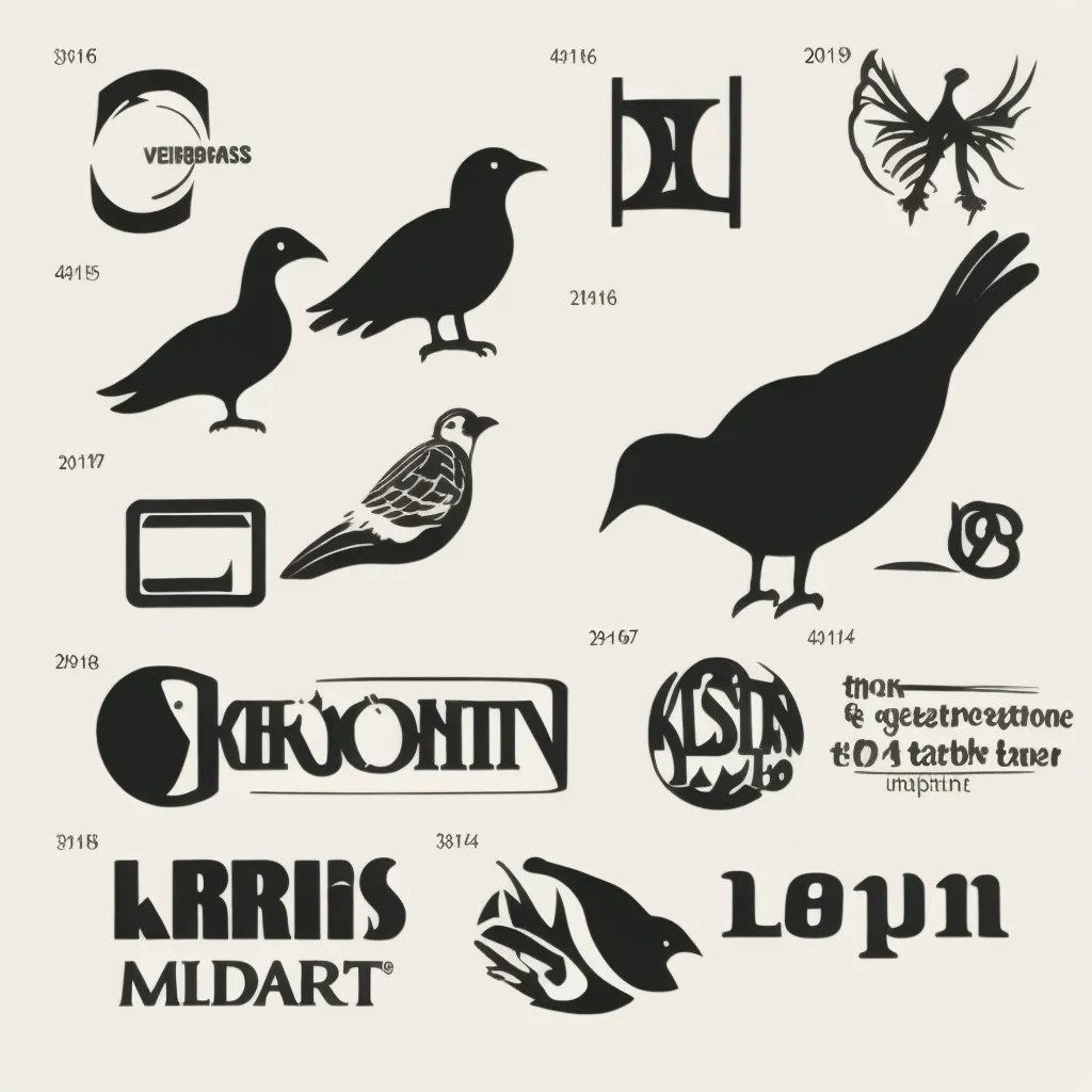 Gambar ini adalah kumpulan dua belas logo hitam-putih. Logo-logo tersebut semuanya berbeda, tetapi semuanya memiliki burung sebagai gambar utamanya. Logo-logo tersebut disusun dalam grid, dengan tiga logo di setiap baris. Logo-logo tersebut memiliki ukuran yang berbeda-beda, dan juga dalam gaya yang berbeda-beda. Beberapa logo sederhana dan minimalis, sementara yang lain lebih kompleks dan detail. Semua logo berwarna hitam-putih, yang memberikan tampilan bersih dan modern.