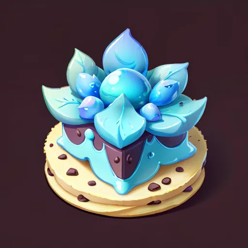 The picture shows a delicious-looking cake. It has a chocolate cookie base and is topped with blue frosting. The frosting is decorated with blue and green leaves and blue pearls. The cake is also decorated with white chocolate chips.